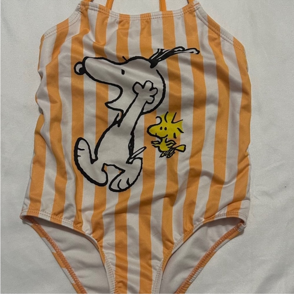 Zara kids (3-4yrs) snoopy Peanuts Orange and White Striped Swimsuit